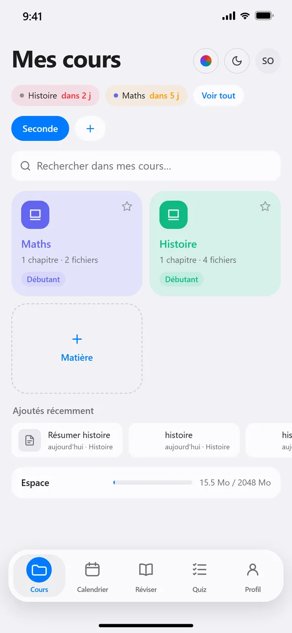 L’écran « Mes cours » de Casier : les matières Maths et Histoire, les prochaines échéances et la recherche.
